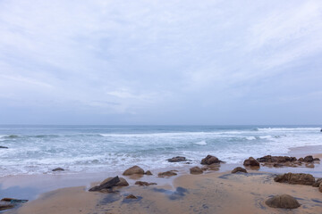 Beach landscape, Beautiful arial view of beach with sea waves and coconut trees. Nature scenery. 