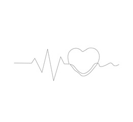 Continuous line drawing of heart with heartbeat. Pulse trace. Cardiogram icon. One line drawing. Vector illustration.