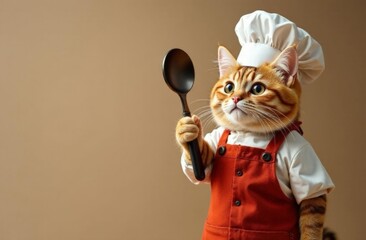 kitten in a chef's hat with a large spoon in its paw on a dark background with space for text