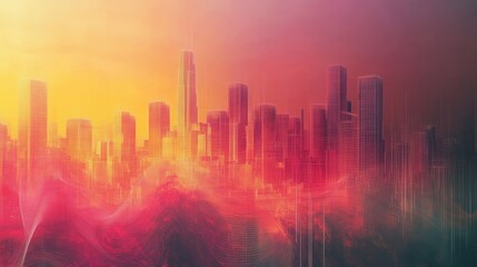 Fototapeta premium Abstract cityscape illustration with warm color palette and geometric elements