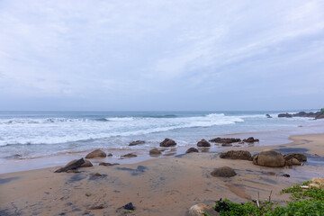 Beach landscape, Beautiful arial view of beach with sea waves and coconut trees. Nature scenery. 