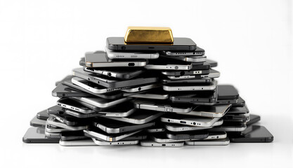 積み重なった廃棄スマホの上の金の延べ棒

