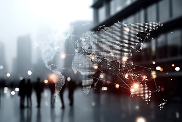 Global Business Network Illuminated World Map Cityscape Background