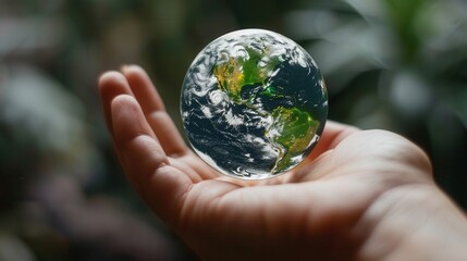 Hand Holding Glass Sphere with Earth Reflection and Nature Background