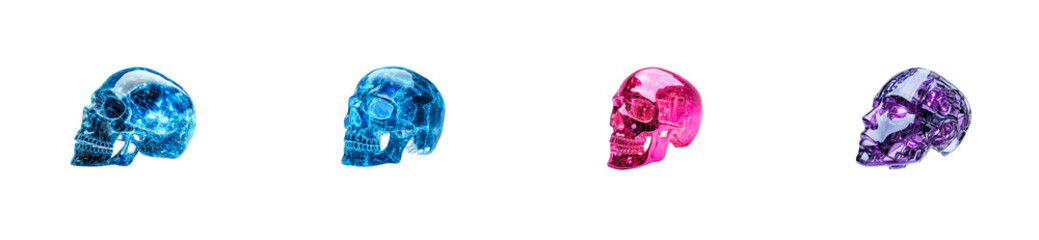 Line of Holographic Crystal Skulls on Black, cut out transparent