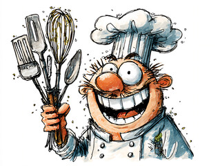 a cartoon illustration of a cheerful chef with exaggeratedly large eyes and a wide smile, holding a comically oversized cooking utensil.