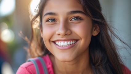 Fototapeta premium Happy Girl with Teeth - Smiling Girl with Teeth Close - Up Portrait