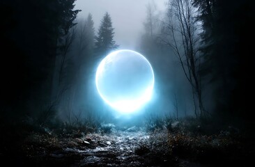 Ethereal Blue Orb in a Mysterious Foggy Forest at Night