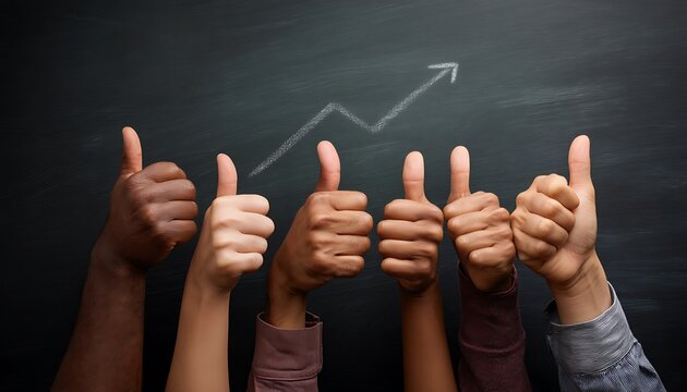Diverse Hands Showing Thumbs Up with Growth Chart on Blackboard