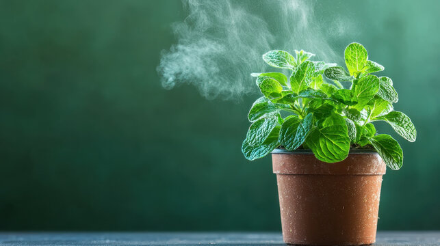 Fresh mint plant in pot releasing moisture, symbolizing natural transpiration and humidity in serene setting