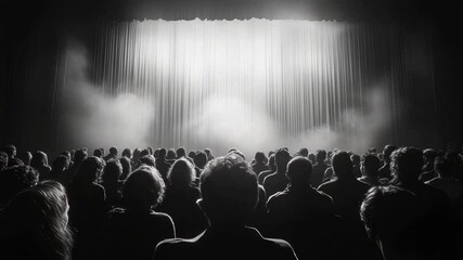 Audience awaits stage curtain.