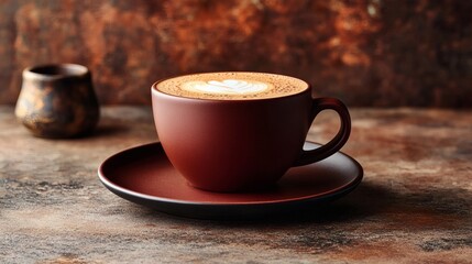 Tasteful beverage presentation with maroon coffee cup and foam on matte saucer in soft lighting and cozy ambiance
