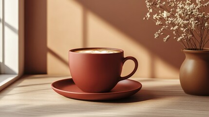 Obraz premium Tasteful beverage presentation with maroon coffee cup and foam on matte saucer in soft lighting and cozy ambiance 