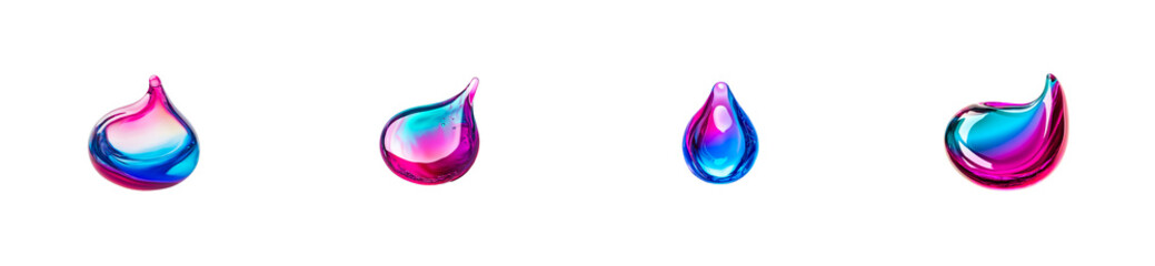 Set of abstract fluid iridescent shape graphic elements, cut out transparent