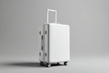 Modern white suitcase on wheels designed for travel and adventure placed against a neutral background