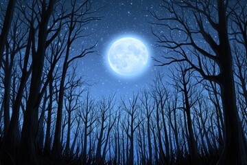 Silhouetted trees under a full moon at night