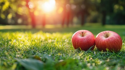 Two apples are on a grassy field