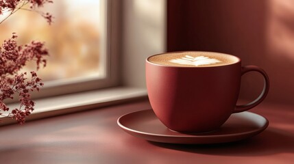 Tasteful beverage presentation with maroon coffee cup and foam on matte saucer in soft lighting and cozy ambiance
