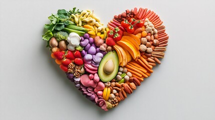 A heart-shaped arrangement of colorful fruits, vegetables, nuts, and pasta