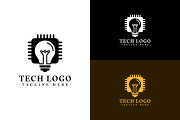 Fototapeta premium glowing bulb with microchip design illustration, vector, logo for processor, cloud computing, machine learning, artificial intelligence, database, data analyst, database, tech, and more