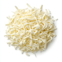 Pile of shredded mozzarella cheese on a white background