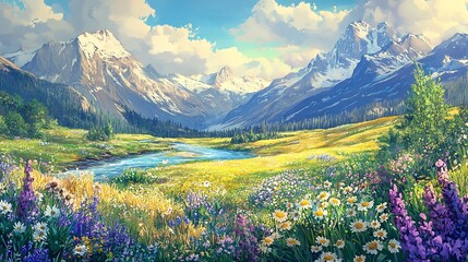 Sunny Alpine Meadow River Landscape.