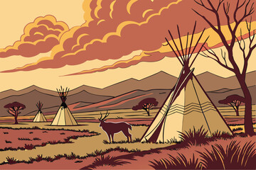 42 detailed digital painting of a rural landscape with teepees in the foreground under a dramatic sky, deer in the foreground, sunset, warm colors, photorealistic, 8k, highly detailed, cinematic, epic © Md Ruhul Amin