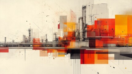 Fototapeta premium Abstract industrial cityscape, rendered in vibrant color blocks.