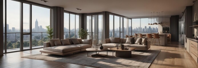 Luxurious high-rise apartment interior, balcony access,  architecture,  home decor