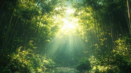 A forest with sunlight shining through the trees
