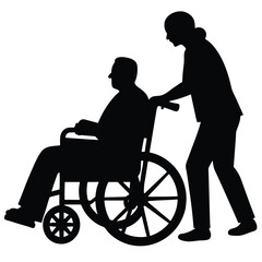 Silhouette shows a female caregiver pushing an elderly man in a wheelchair