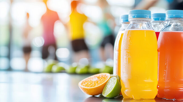 Refreshing sports drinks in vibrant colors, perfect for fitness enthusiasts, with citrus fruits nearby for added flavor