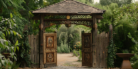 Ornate wooden gate opening to a lush garden surrounded by vibrant greenery and tall plants

