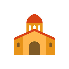 Illustration of a building with a dome and arched entrance in shades of orange and brown color palette