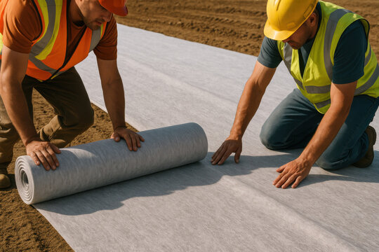 Two construction workers in safety vests and helmets carefully unroll large geotextile fabric on dirt surface, showing teamwork and focus