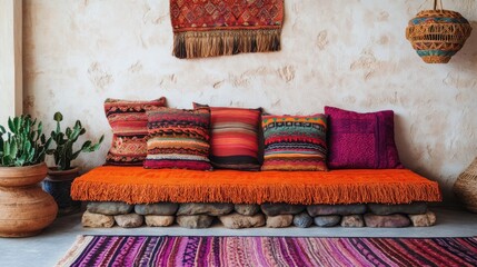 Vibrant, earthy seating area with colorful textiles and natural elements