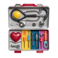 Children's toys concept. Medical tool kit with various instruments and accessories.