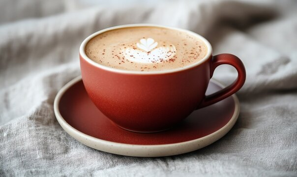 Tasteful beverage presentation with maroon coffee cup and foam on matte saucer in soft lighting and cozy ambiance
