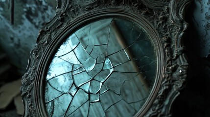 Obraz premium Broken antique mirror in a dark, ornate frame.