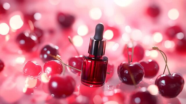 A luxurious red serum bottle with a dropper is elegantly surrounded by fresh cherries and soft bokeh lighting, evoking themes of beauty, freshness, and fruity skincare. The vibrant and glossy 