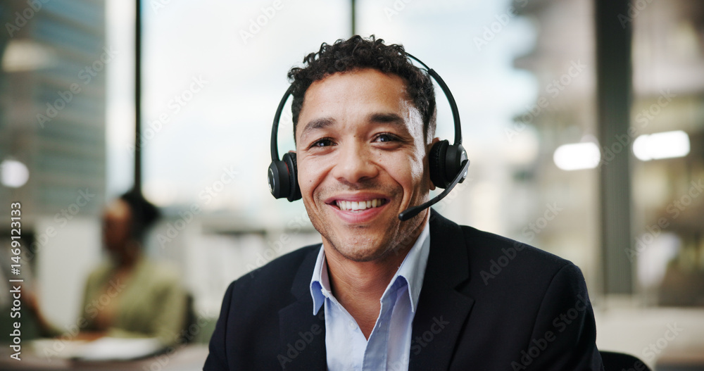 Poster man, call center and portrait in office with smile for contact us, communication or telecom agency. 