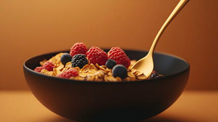 Dark bowl filled with granola and berries is being gently scooped with a golden spoon, highlighting a healthy breakfast food.