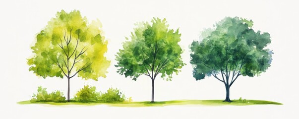 Three Watercolor Trees in Shades of Green Against White Background