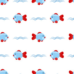 Seamless pattern with fish and waves on a white background