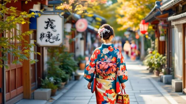 back view of young Japanese girl in colourful kimono walking in path. female in traditional costume going to join festival in summer under sunshine