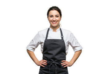 Smiling chef woman in apron, isolated on transparent png