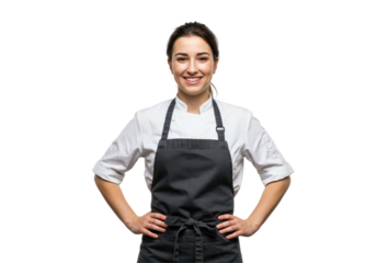Smiling chef woman in apron, isolated on transparent png