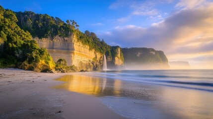Obraz premium Sunrise illuminates waterfall, cliff, beach.