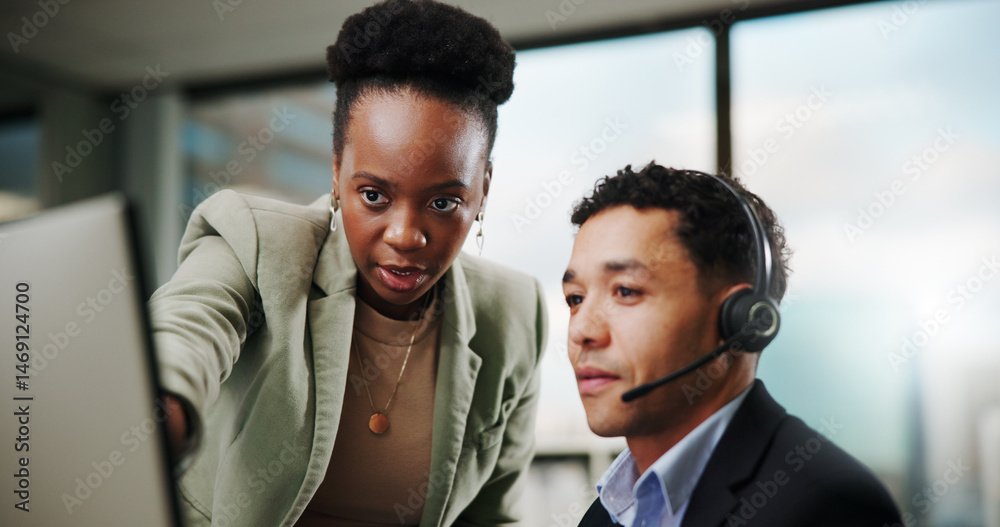 Aufkleber call center, help and training with mentor on computer for customer service, consulting or sales adv
