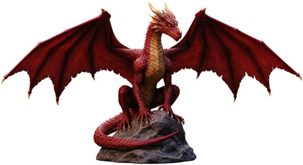 Majestic red dragon perched atop a rock. isolated on transparent png